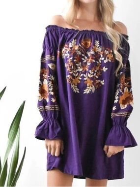 Free People FLEUR DU JOUR OFF-THE-SHOULDER EMBROIDERY DRESS PURPLE , sz : large